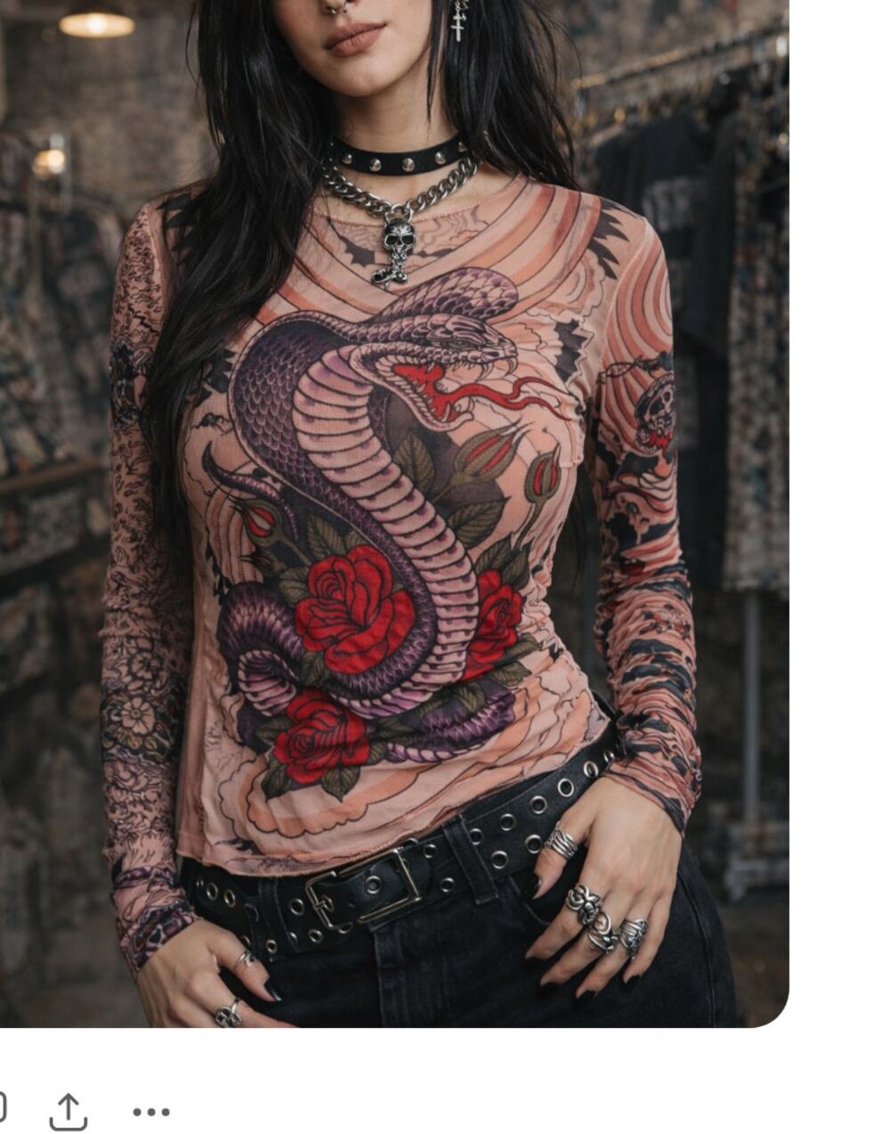 Vintage Miami Ink Mesh Top M Skull Snake Tattoo Y2K Long Sleeve Mall Grunge